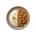 Aloo Gobi mit Blumenkohl, Kartoffeln, Zwiebeln und Reis