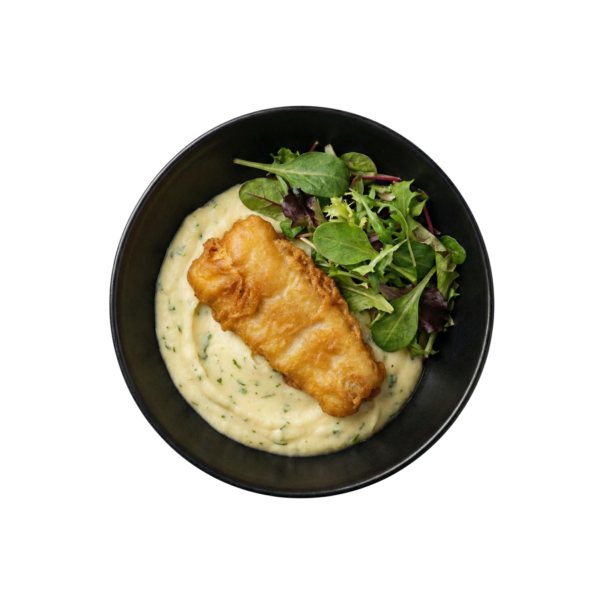 Backfisch auf Kartoffel-Kräuterpüree und Salat