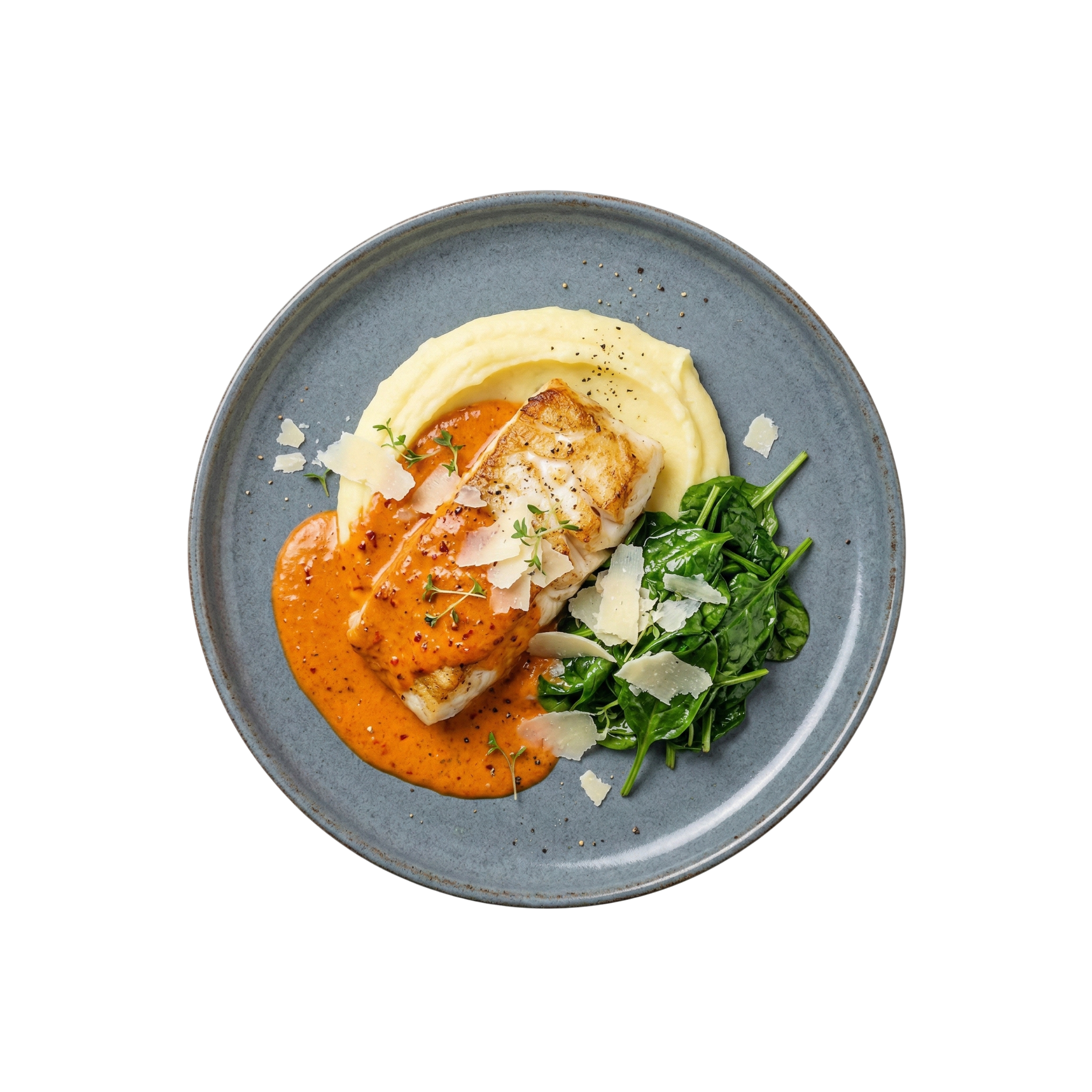 Fischfilet in Tomaten-Chilicreme auf Kartoffelpüree mit Babyspinat und Parmesan