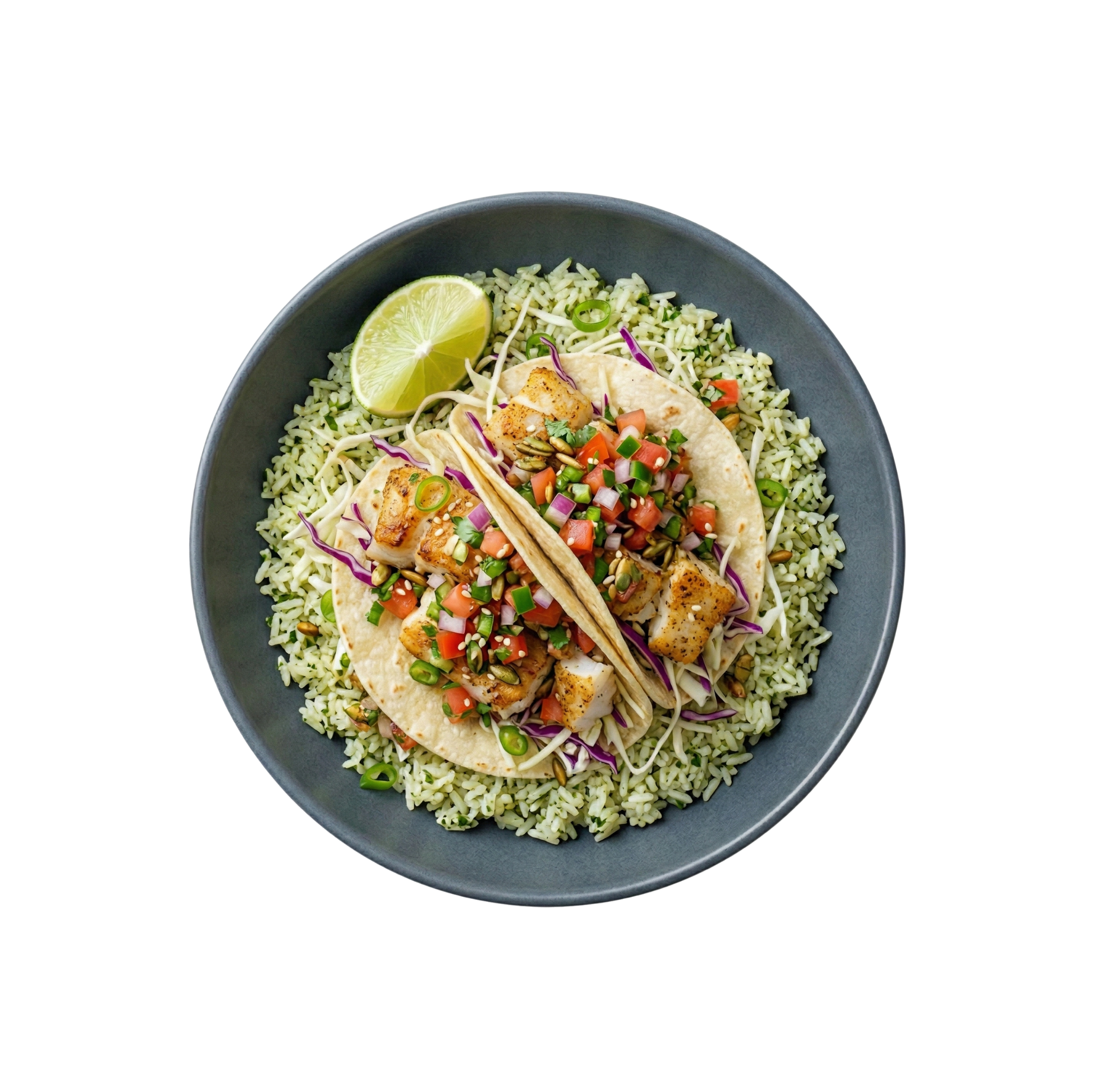 Fischtacos mit Kraut, Salsa und Limettenreis