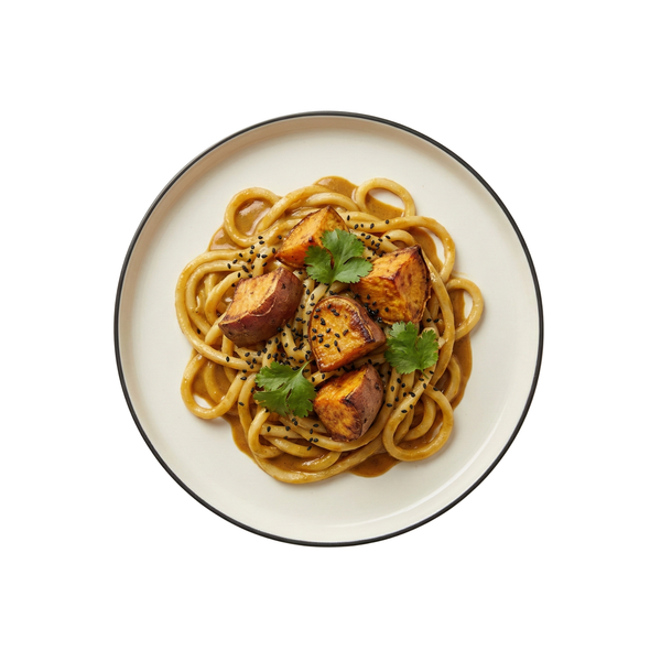 Gebackene Süßkartoffeln auf Udonnudeln in Erdnuss-Curry Sauce