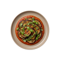 Geschmorte Aubergine auf Tomatenpüree mit Pesto