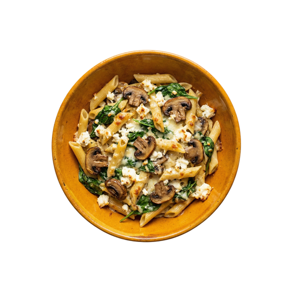 Nudelauflauf mit Spinat, Pilzen und Feta
