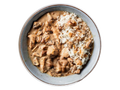 Putengyros mit Zwiebelstreifen und Langkornreis