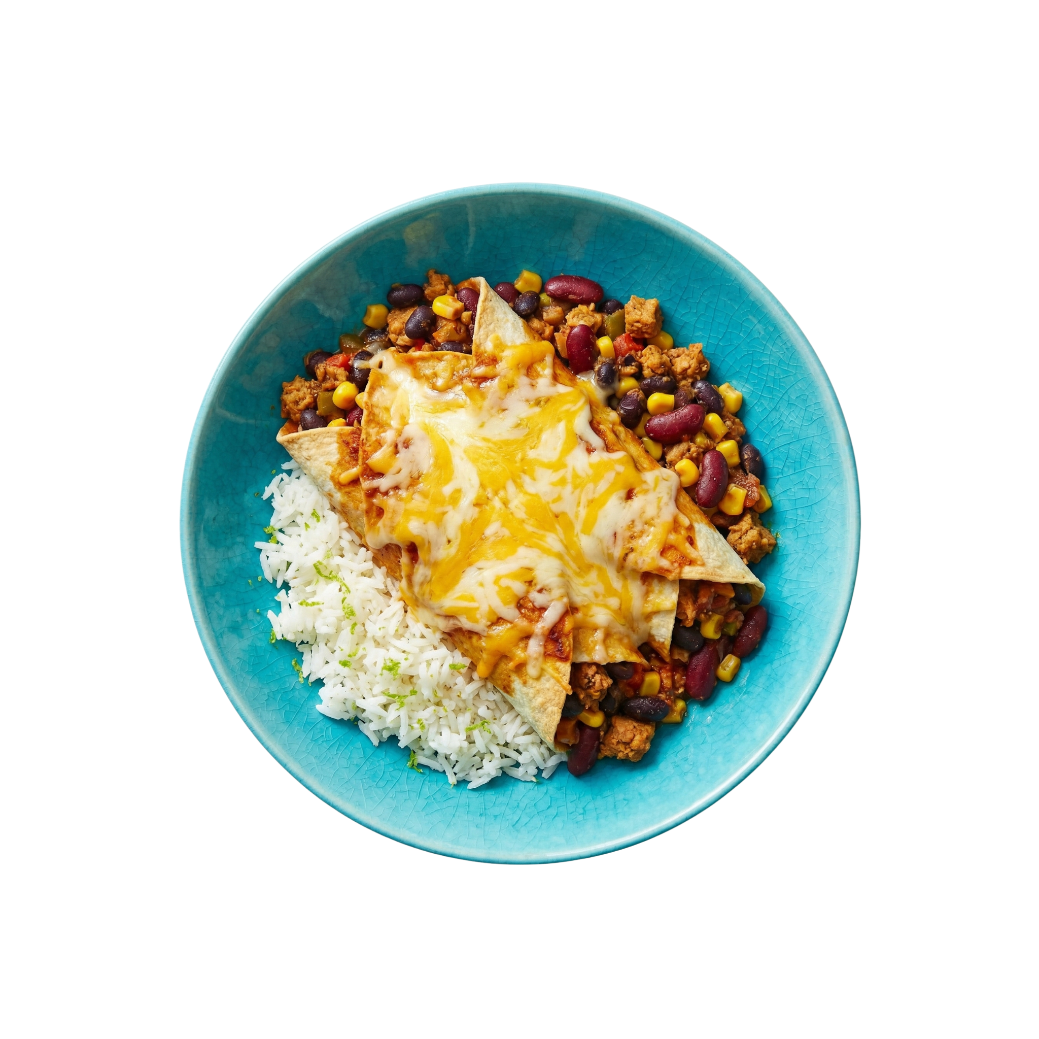 Überbackene Enchiladas mit Bohnen und Veggie-Hack auf Limettenreis