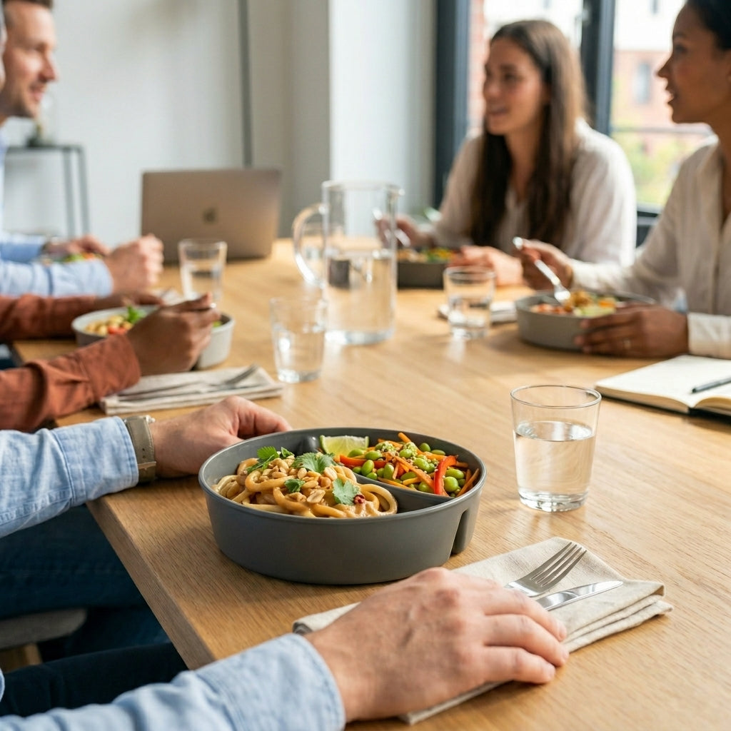 Team beim Mittagessen aus FooBi-Mehrwegschalen im Hamburger B&uuml;ro.